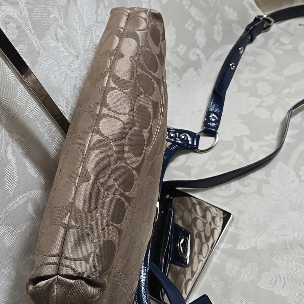 Coach Penelope Tan and Blue Satin With Patent Leather Crossbody Bag